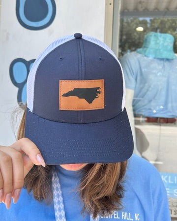 North Carolina Trucker Hat in Navy and White with Leather NC Patch
