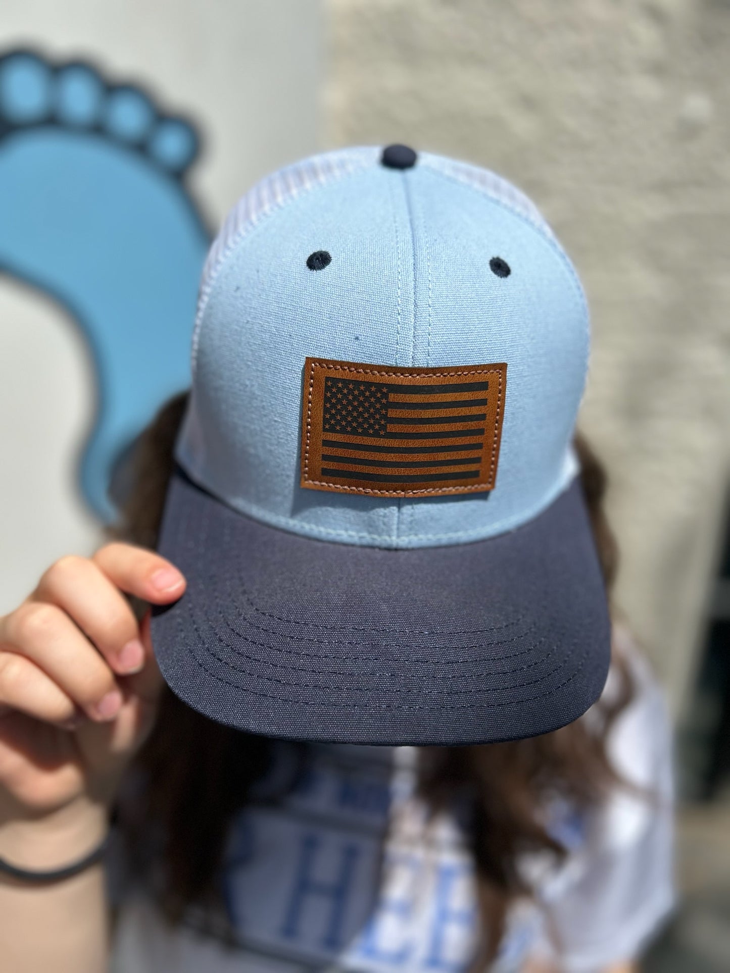 Carolina Blue and Navy Colorblock American Flag Trucker Hat