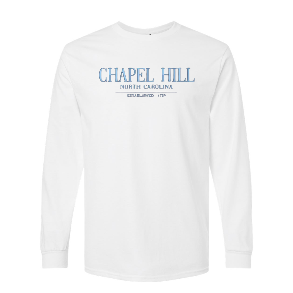 Chapel Hill North Carolina Embroidered White Chill Long Sleeve T-Shirt