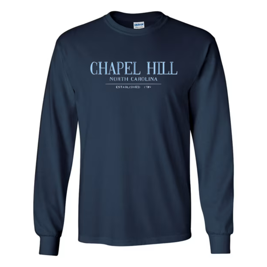 Chapel Hill North Carolina Embroidered Navy Chill Long Sleeve T-Shirt