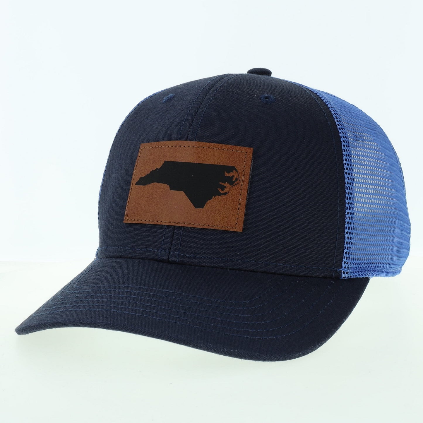 North Carolina Trucker Hat in Navy Blue with Leather NC Patch MPS