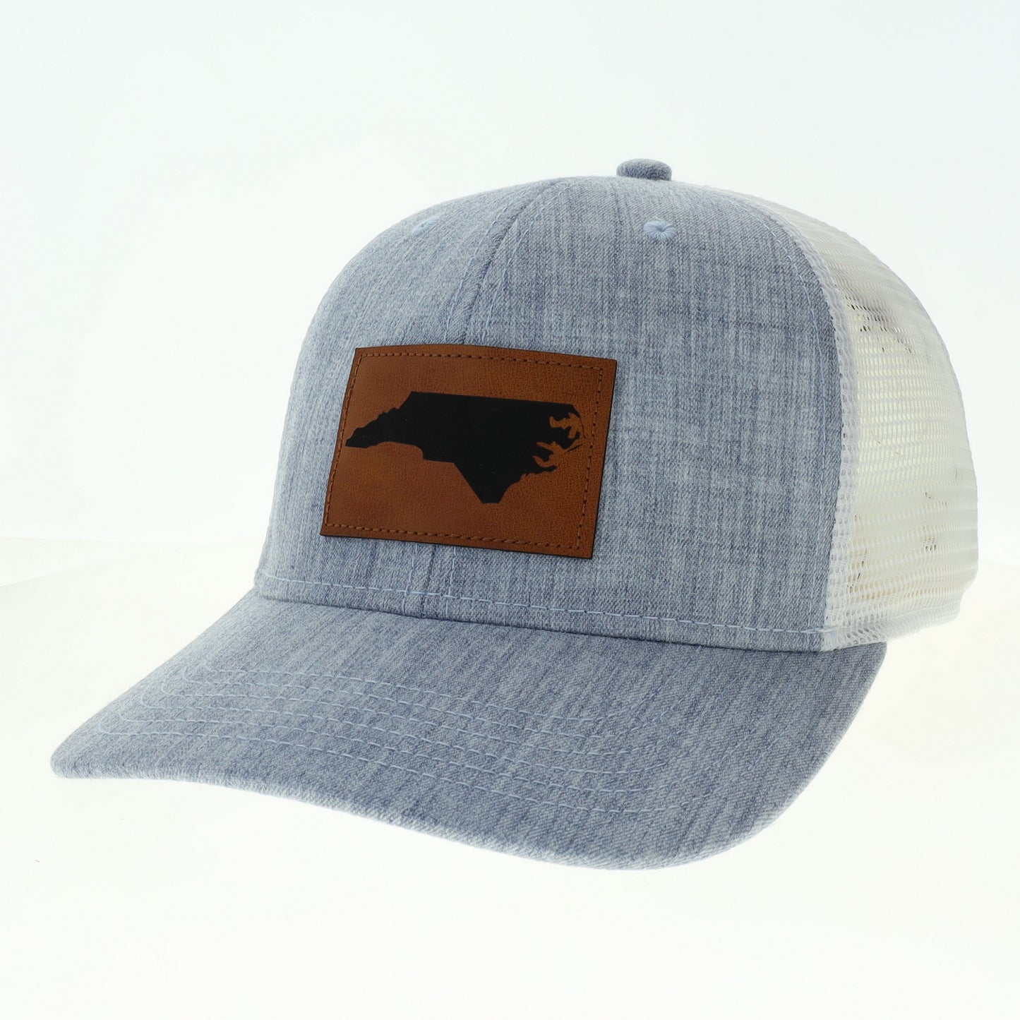 North Carolina Trucker Hat with Leather State Patch In Light Blue and White MPS