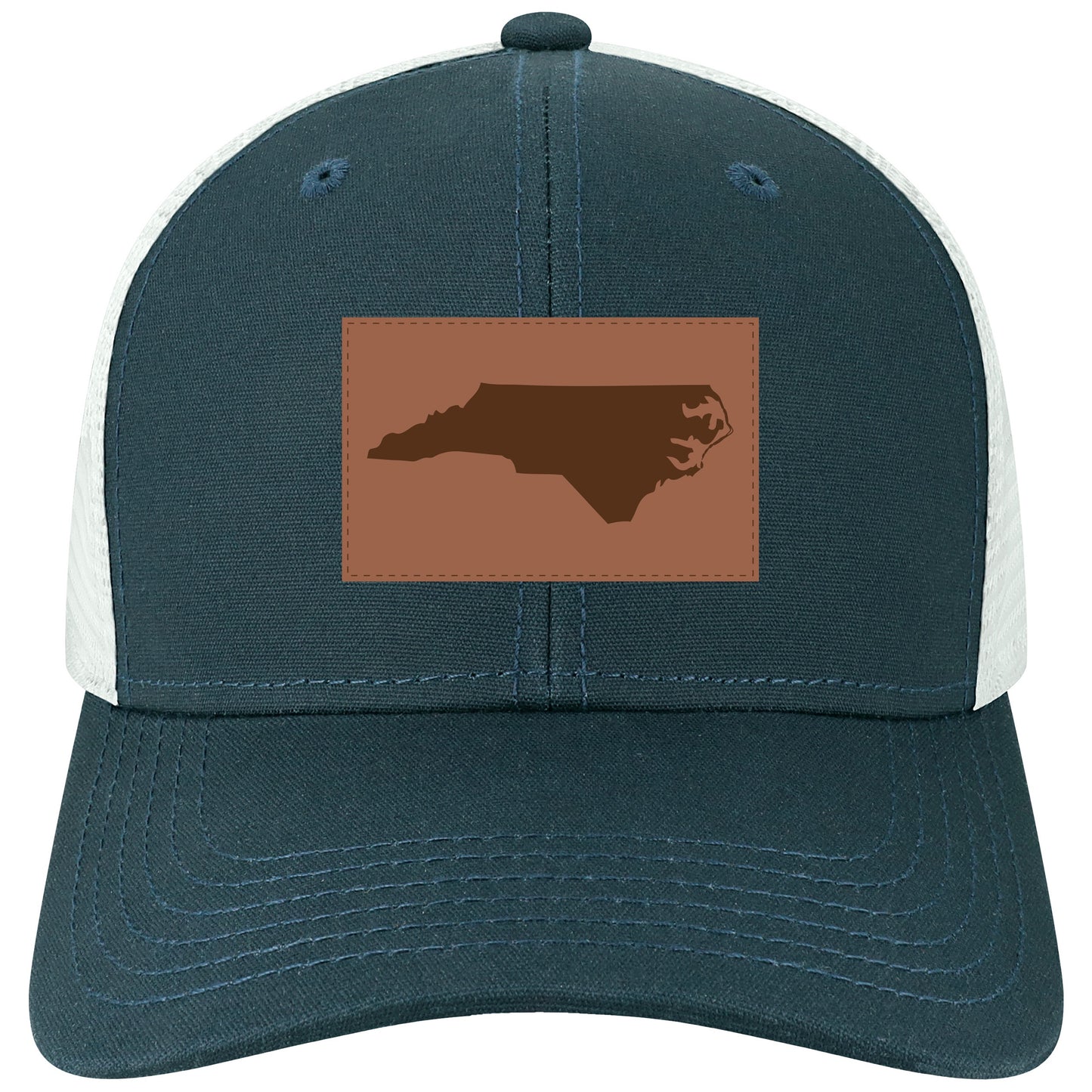 North Carolina Trucker Hat in Navy and White with Leather NC Patch
