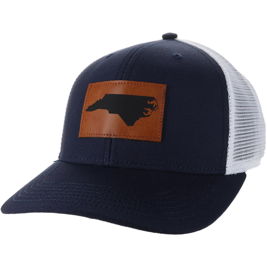 North Carolina Trucker Hat in Navy and White with Leather NC Patch