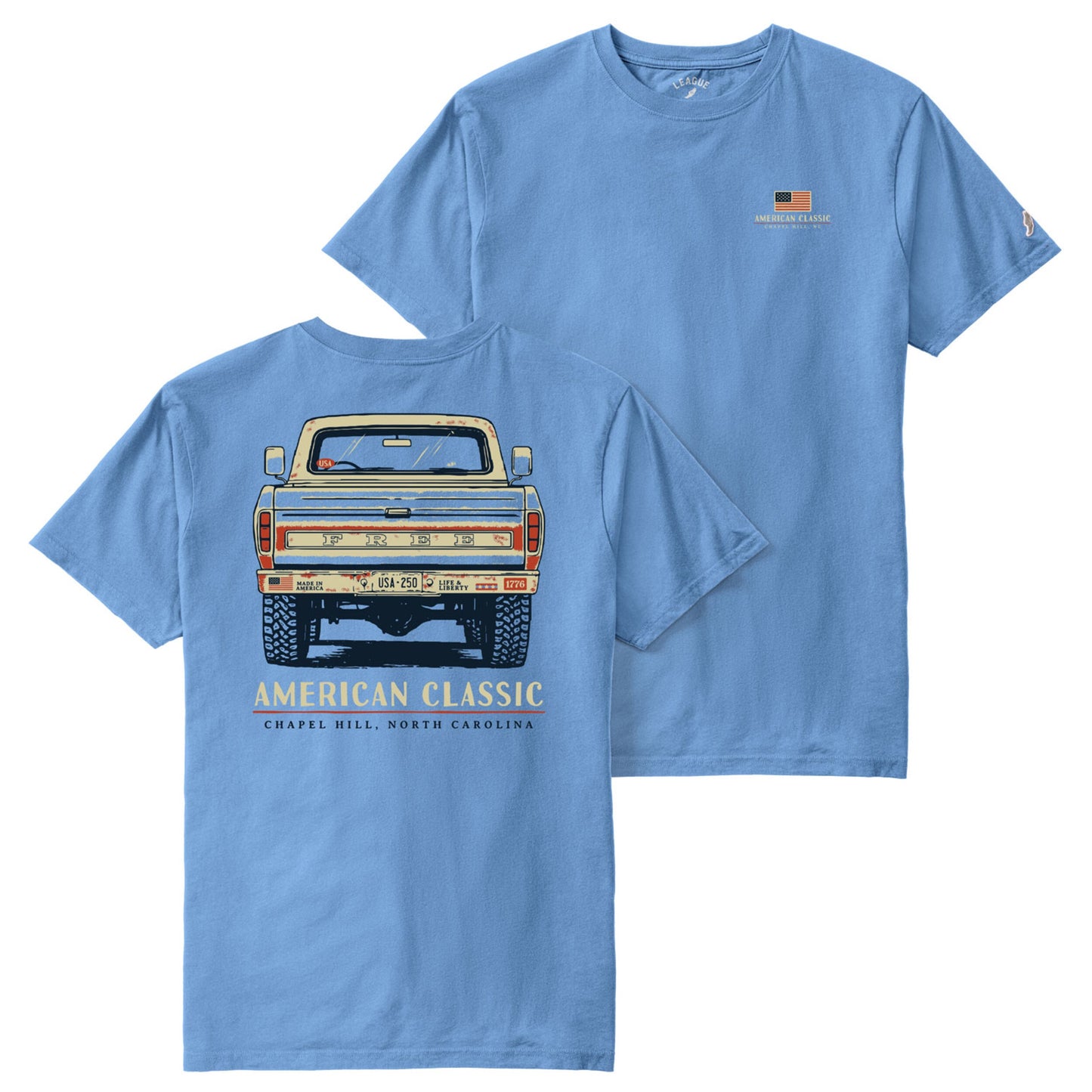 Carolina Blue American Flag Truck Adult T-Shirt