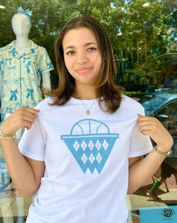 White and Carolina Blue Argyle Net Adult T-Shirt