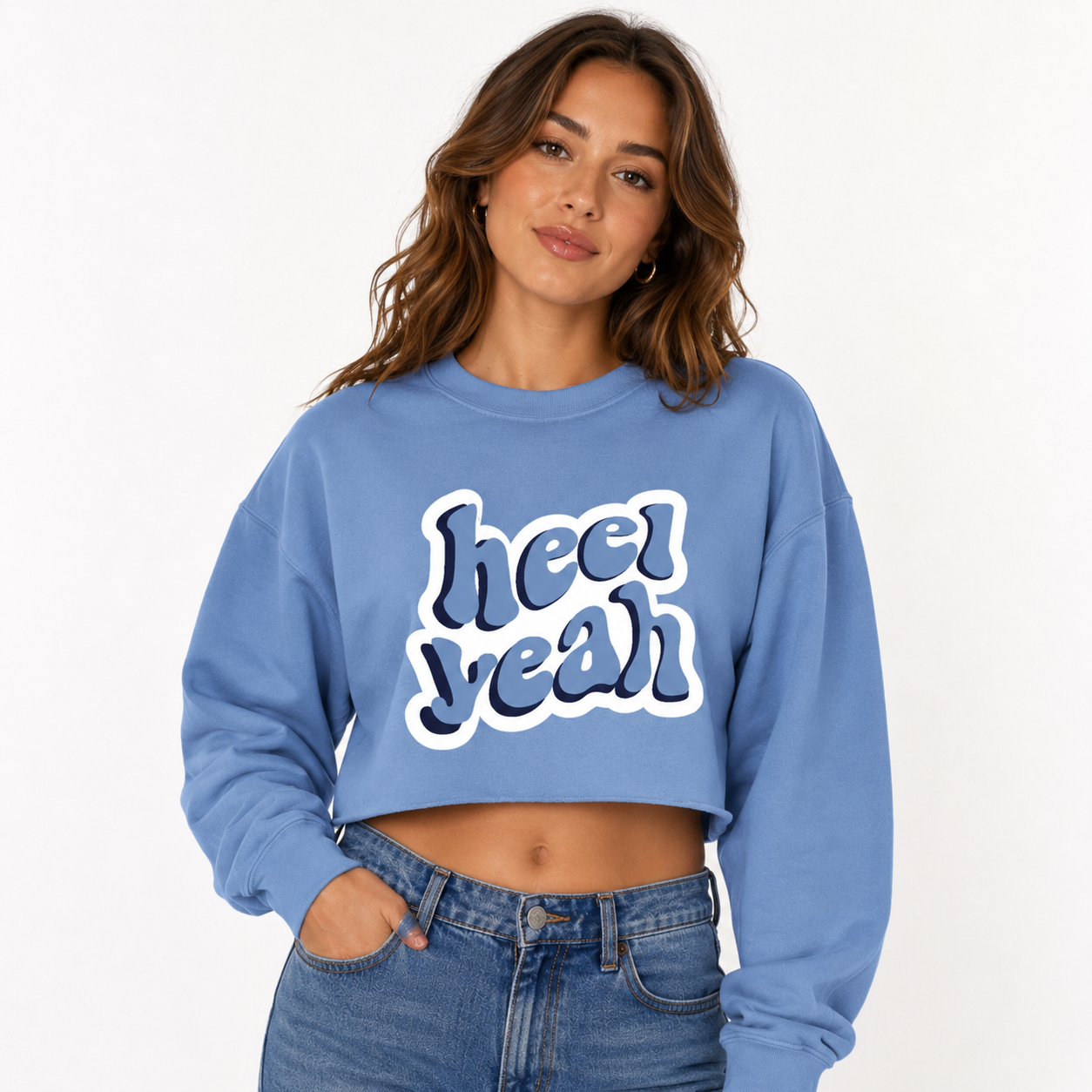 Heel Yeah Crewneck Sweatshirt in Carolina Blue Crop - Detail View - Shrunken Head