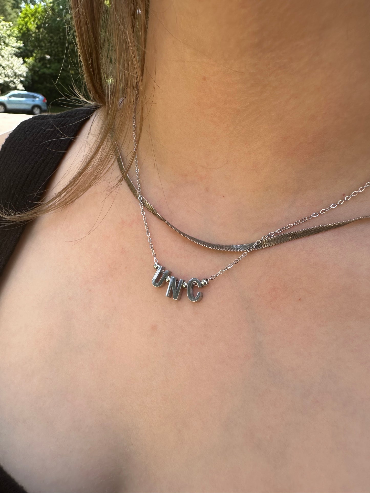 UNC Silver Letter Necklace by Bead Me Silly