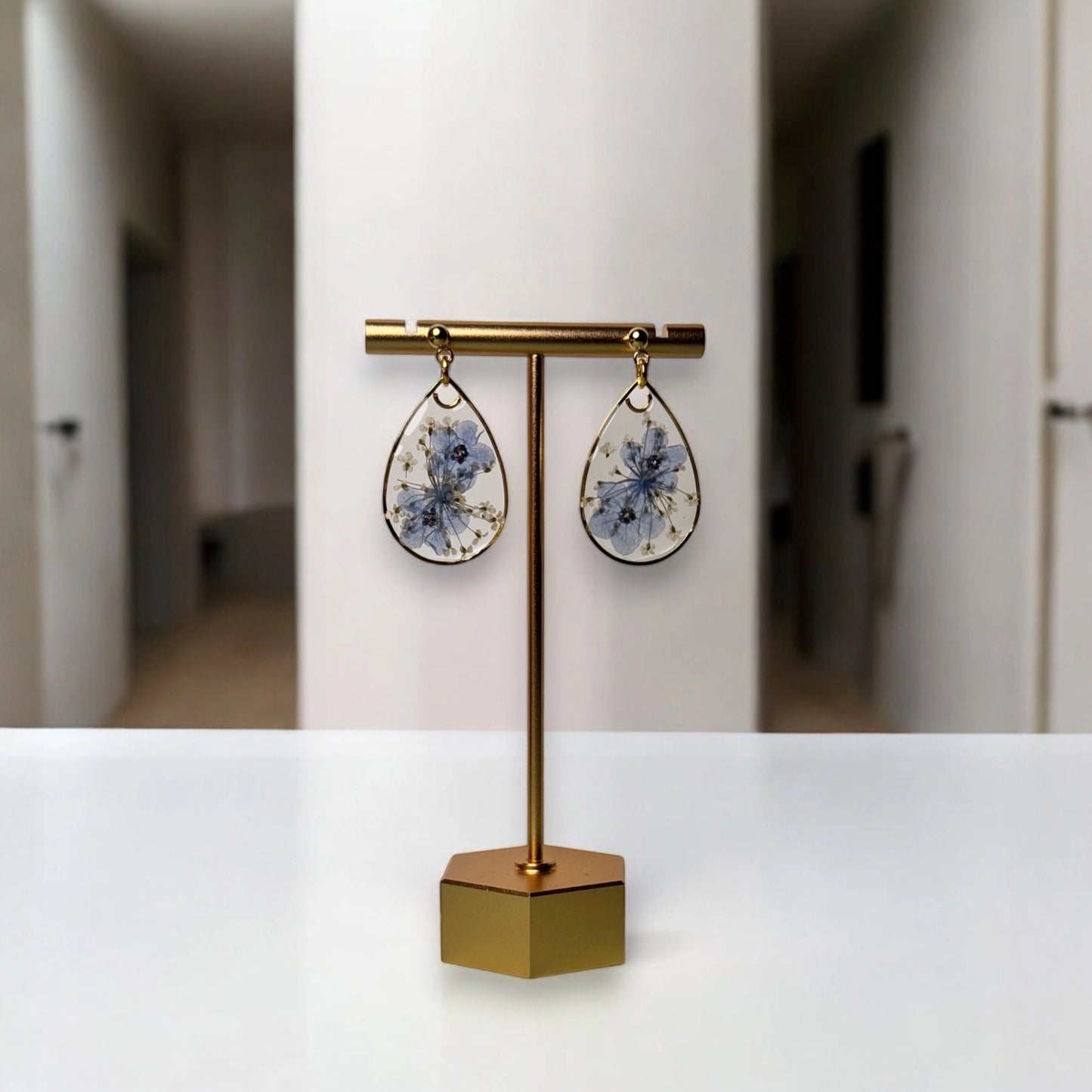 Blue Forget-Me-Not Queen Anne's Lace Resin Teardrop Earrings