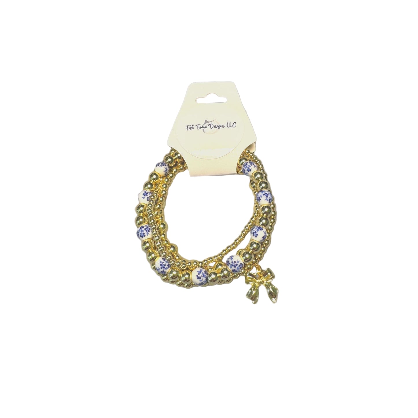 Gold and Chinoiserie Beaded Bracelet Stack