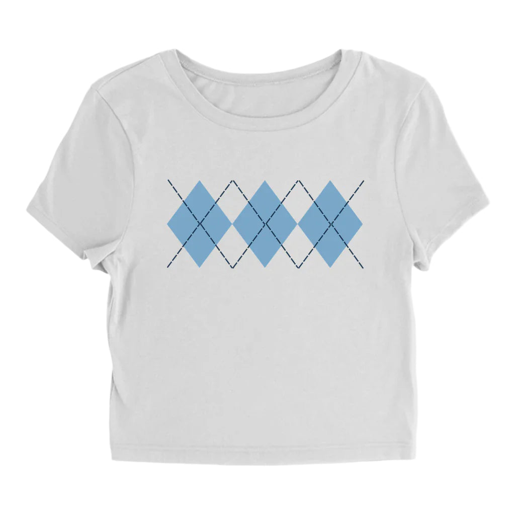 Carolina Blue Argyle White Baby Tee Style Women's Top