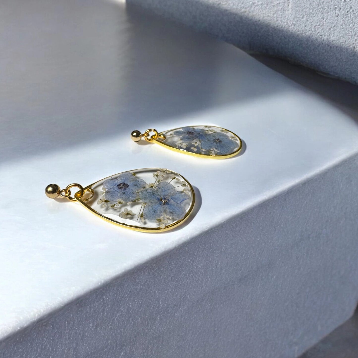 Blue Forget-Me-Not Queen Anne's Lace Resin Teardrop Earrings