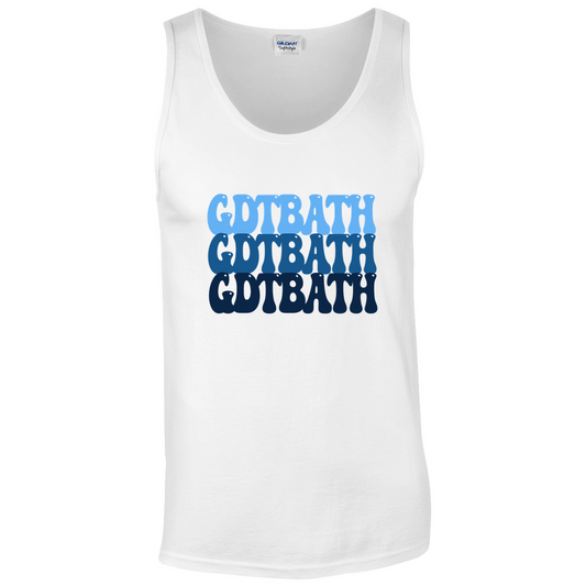 GDTBATH Tank Top in White with Carolina Blue Groovy Letters