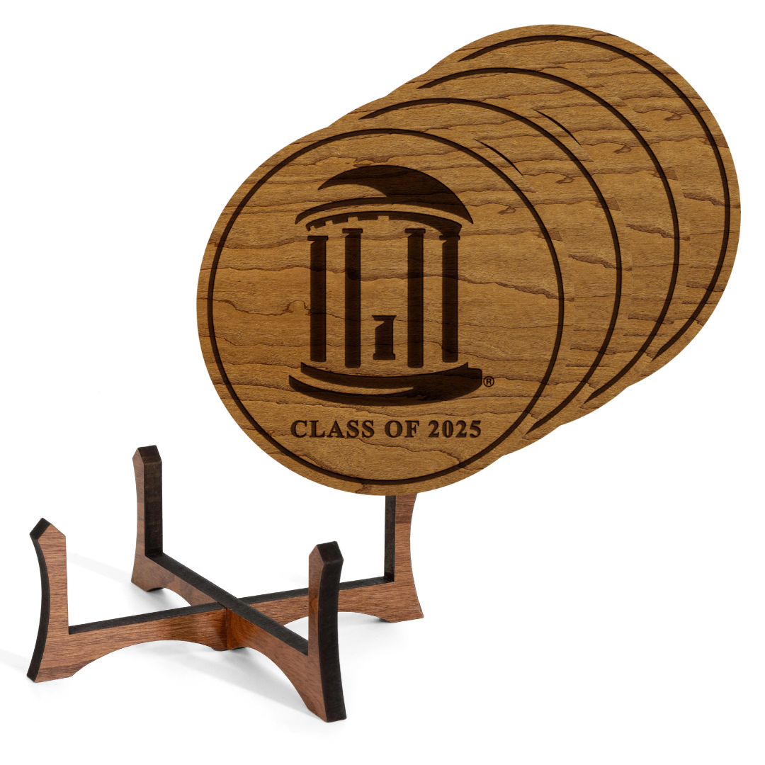 UNC Old Well Class of 2025 Wooden Coaster Set of 4 with Stand