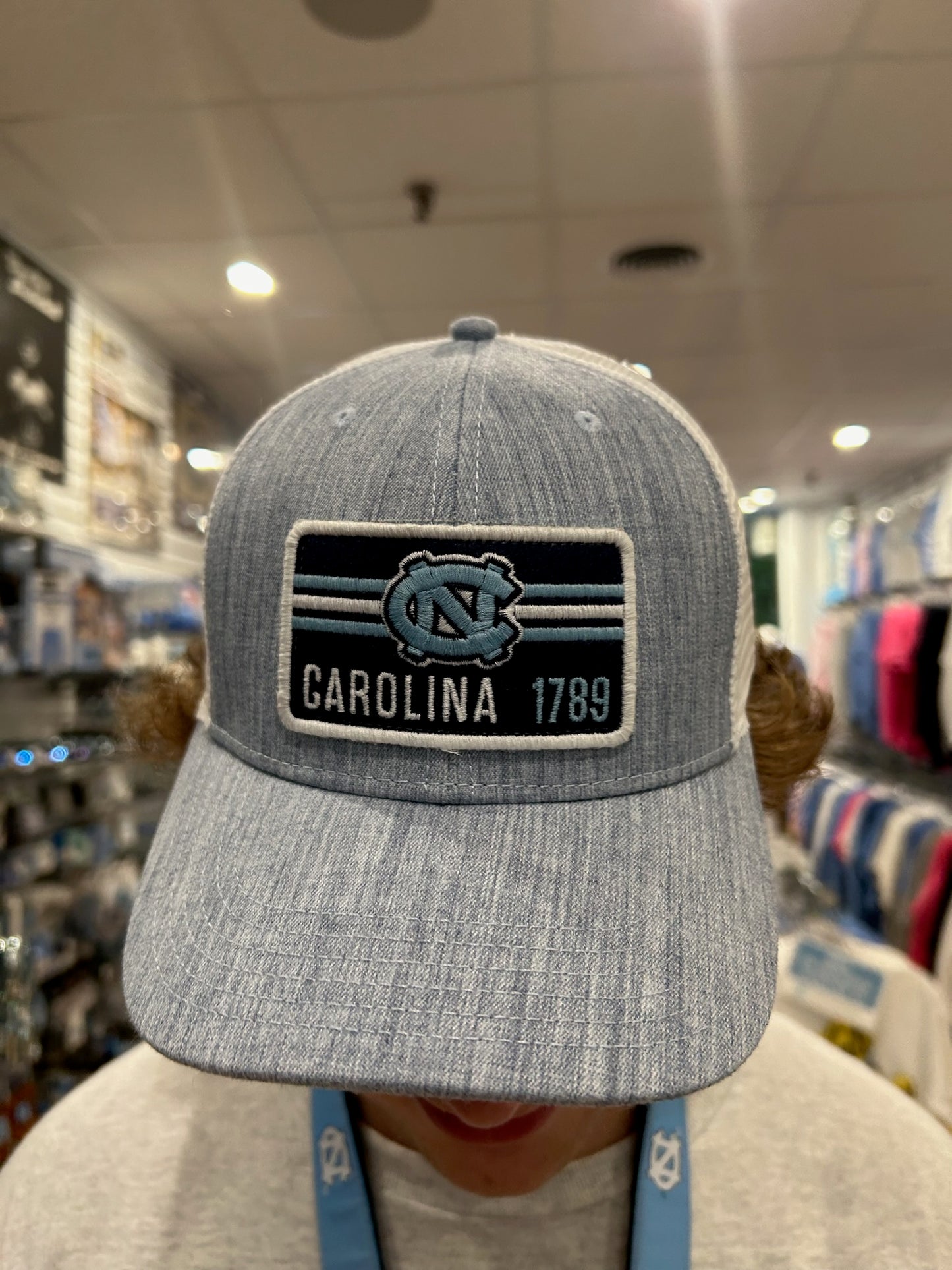 Carolina Tar Heels Trucker Hat Light Blue and White UNC Patch - Detail View - Legacy