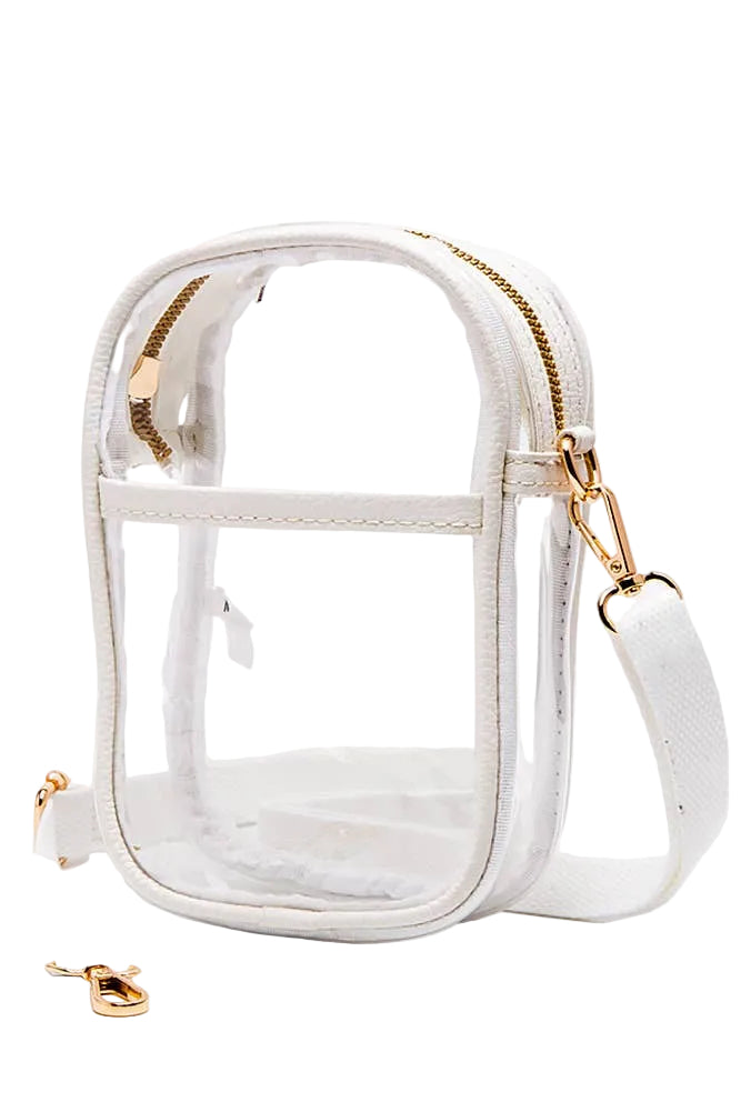 Clear Crossbody Stadium Bag with White Trim by Hana