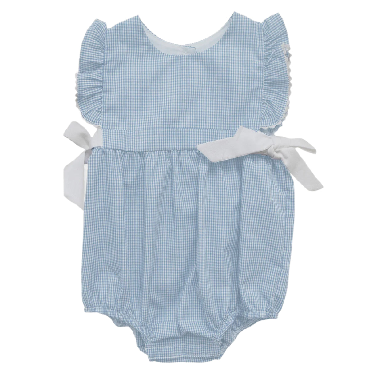 Girl's Carolina Blue Gingham Onesie with White Bows & Ruffle Sleeves