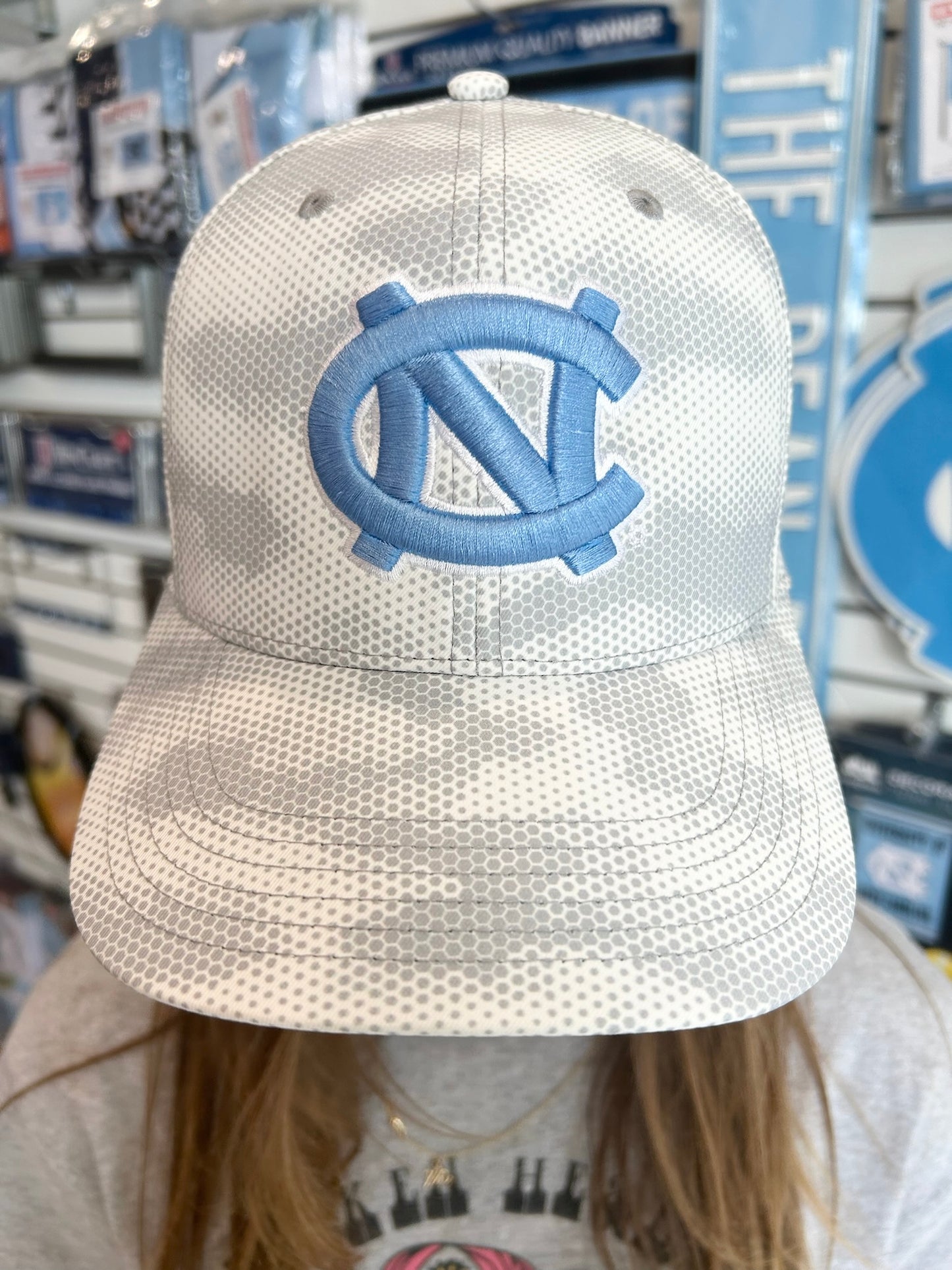 UNC Logo Mesh Snapback in Tonal Camo and Carolina Blue