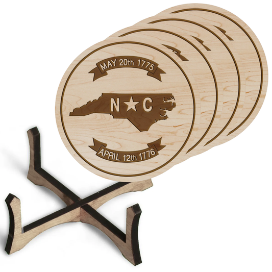 North Carolina State Flag Maple Coaster Set of 4 with Stand