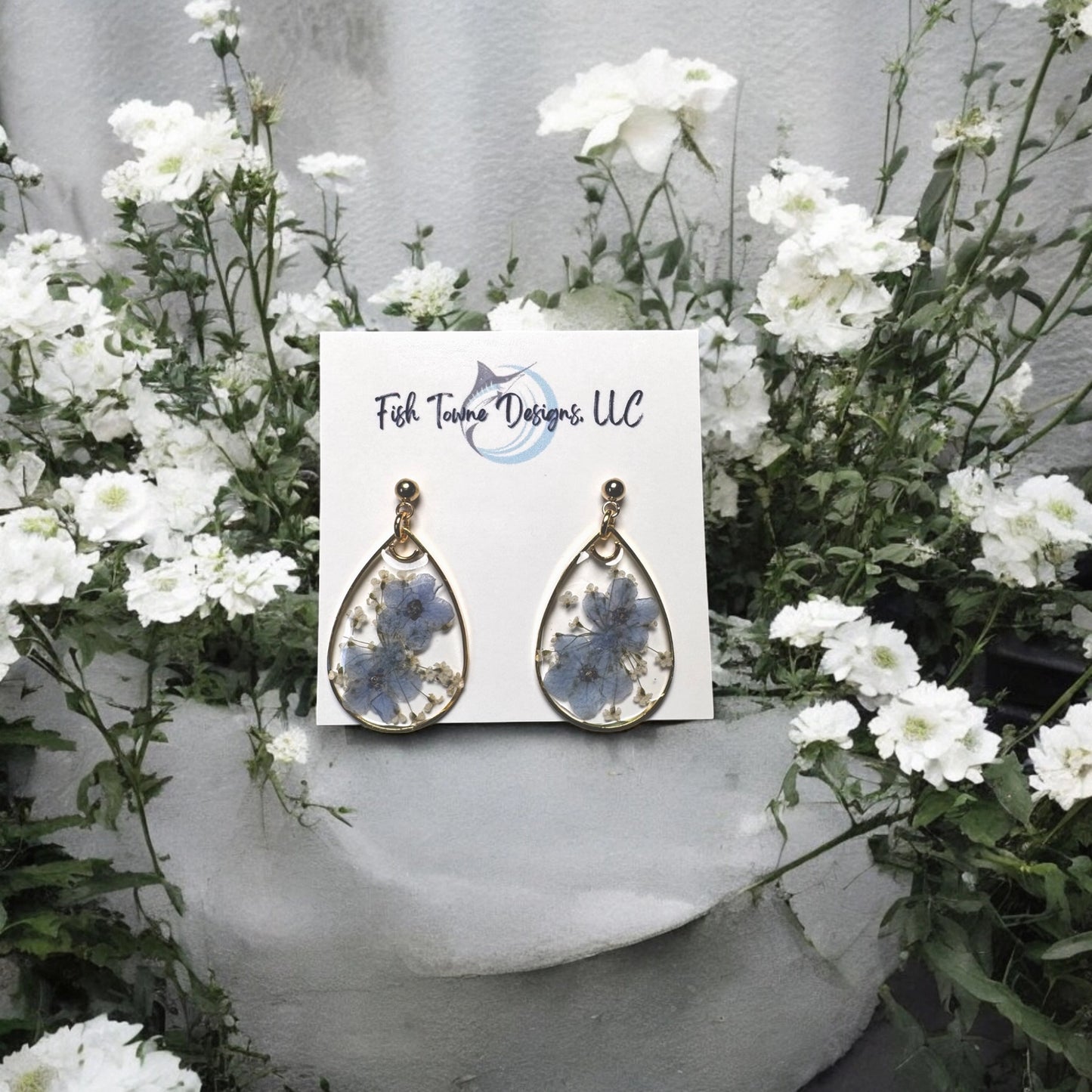 Blue Forget-Me-Not Queen Anne's Lace Resin Teardrop Earrings