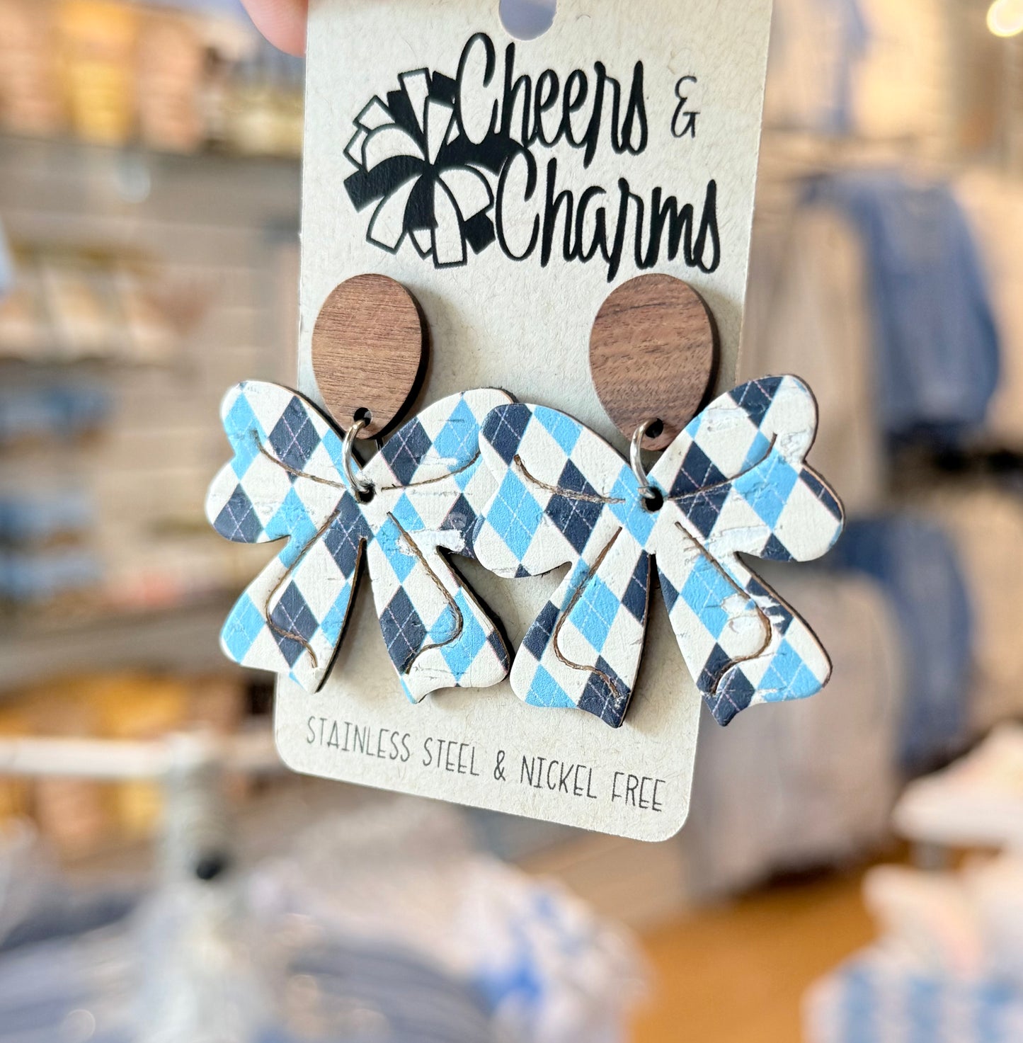 Cheers and Charms Carolina Blue Argyle Bow Earrings