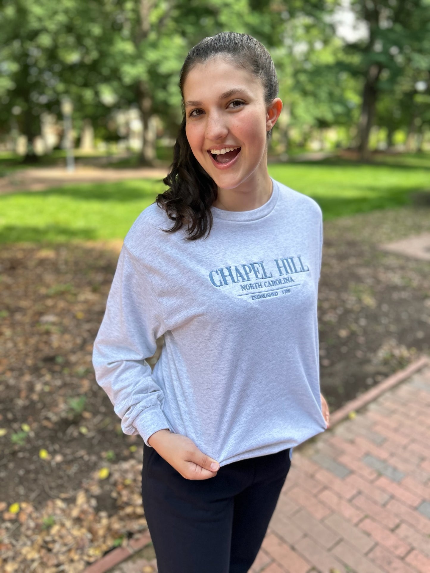 Chapel Hill North Carolina Embroidered Chill Grey Long Sleeve T-Shirt
