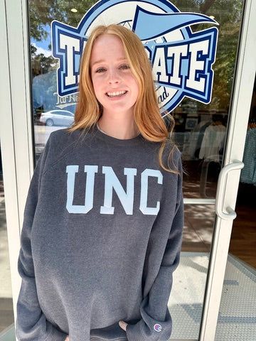 Carolina Blue UNC Silk Lettered Crewneck Sweatshirt in Navy