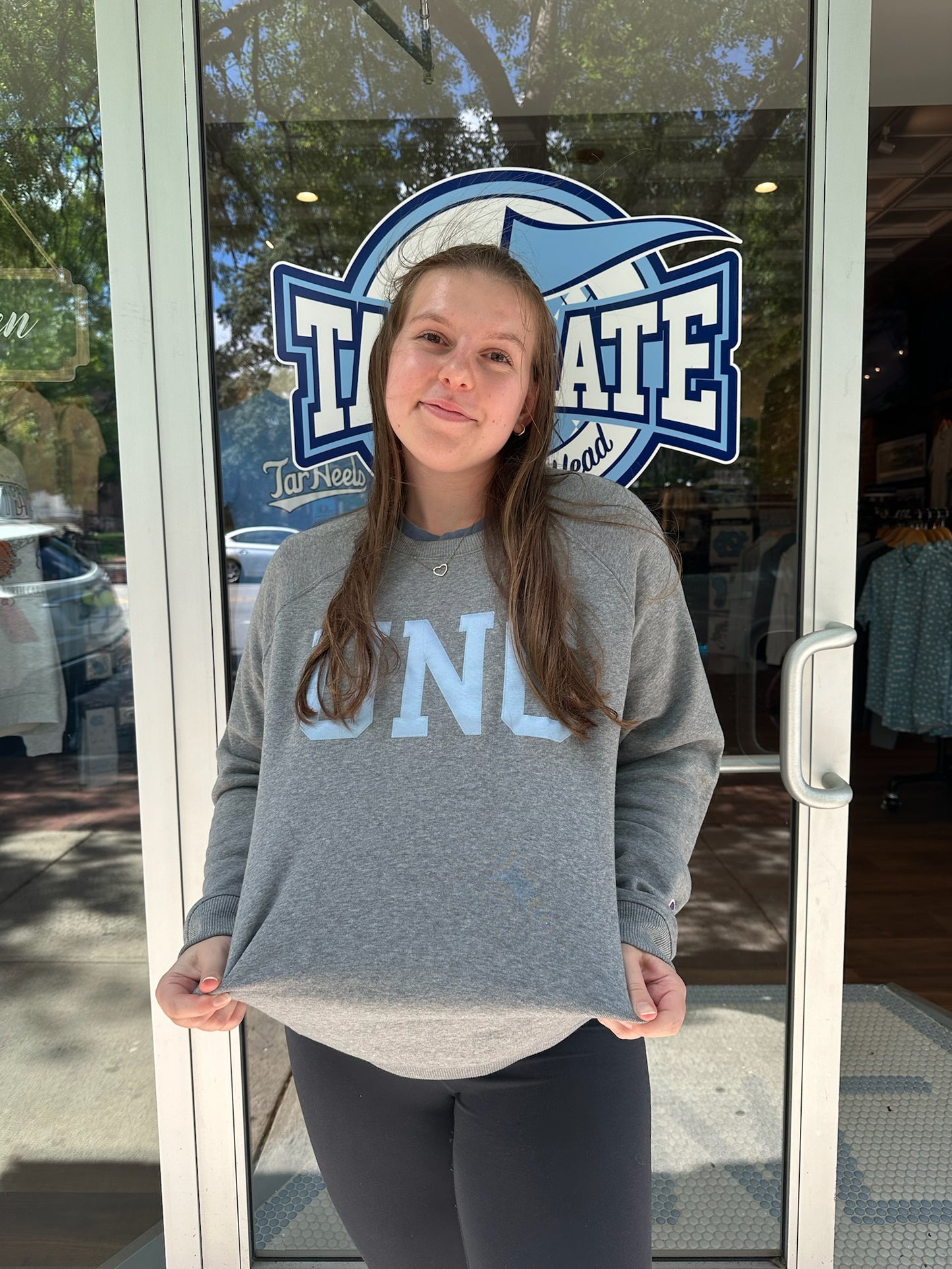 Carolina Blue UNC Silk Lettered Crewneck Sweatshirt in Grey