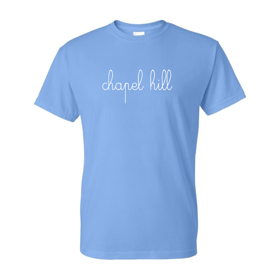 Cursive Chapel Hill Embroidered T-Shirt in Carolina Blue