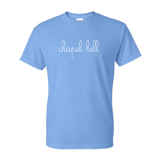 Cursive Chapel Hill Embroidered T-Shirt in Carolina Blue