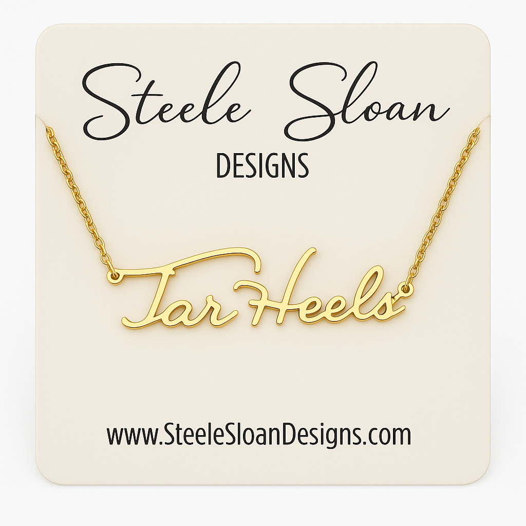 Tar Heels Gold Cursive Necklace by Steele Sloan Designs