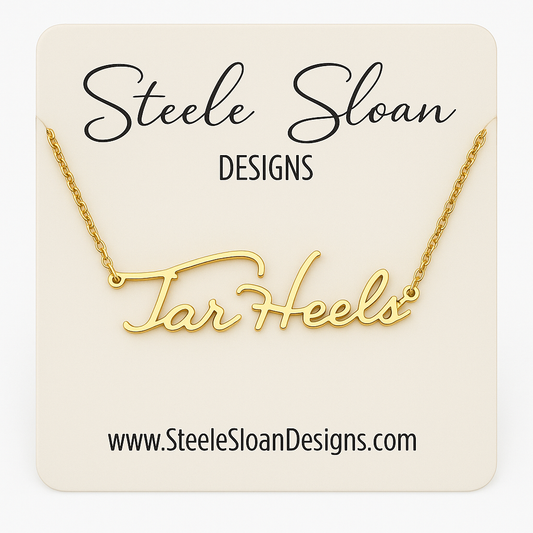 Tar Heels Gold Cursive Necklace by Steele Sloan Designs