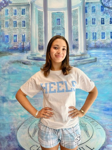 HEELS Logo Champion T-Shirt in White and Carolina Blue