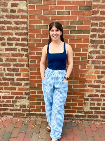 Carolina Blue Gingham Wide Leg Pants - Detail View - Rosa Clothing