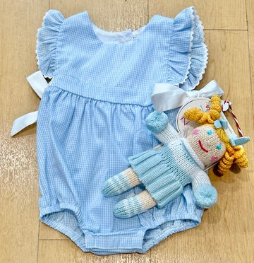 Girl's Carolina Blue Gingham Onesie with White Bows & Ruffle Sleeves
