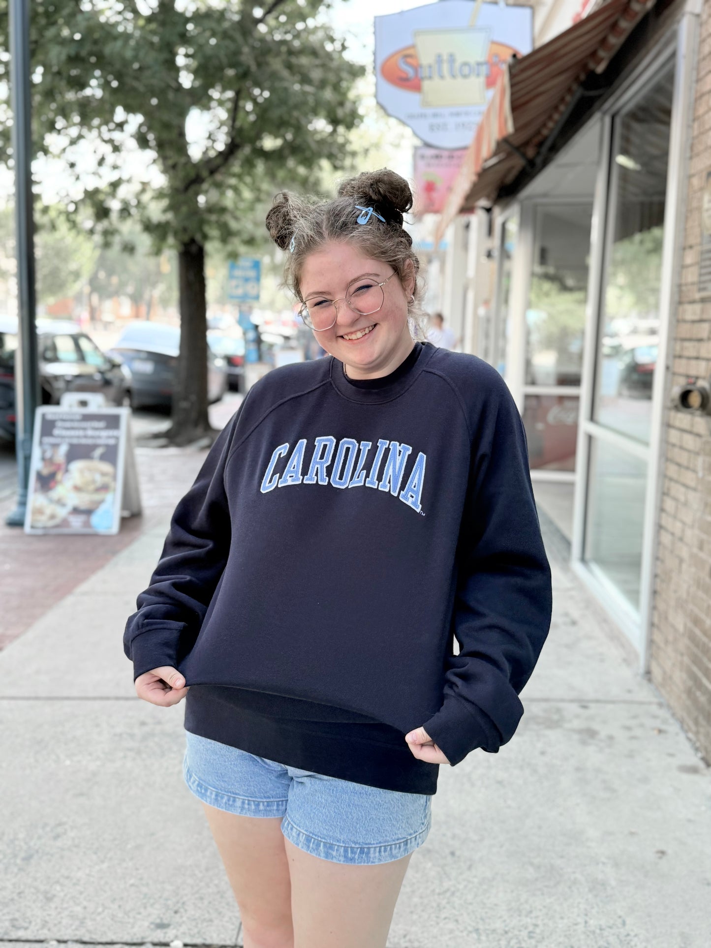Classic Navy Carolina Tar Heels Embroidered Crewneck Sweatshirt by League