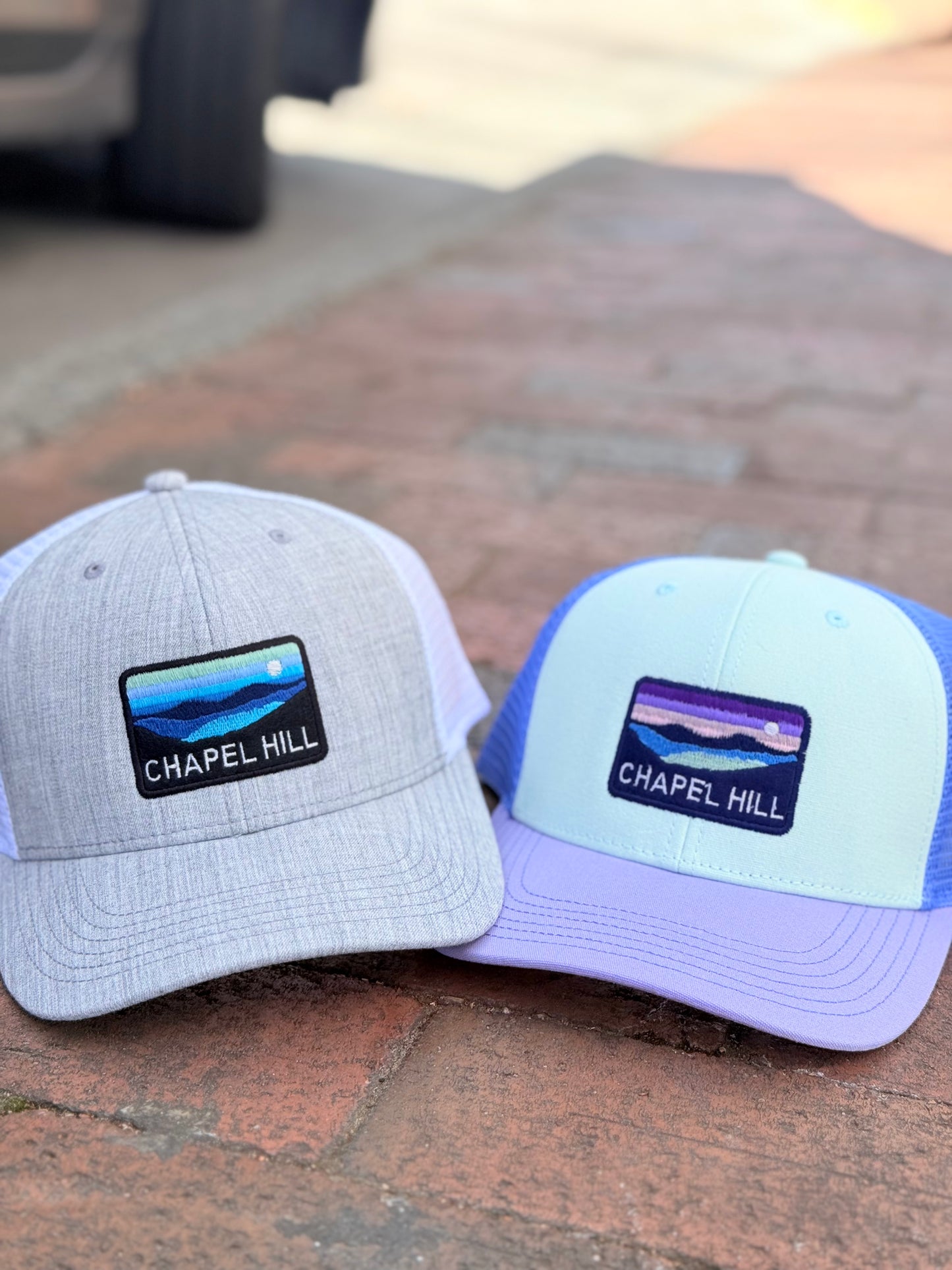 Classic Grey Chapel Hill North Carolina Trucker Hat - Detail View - Legacy