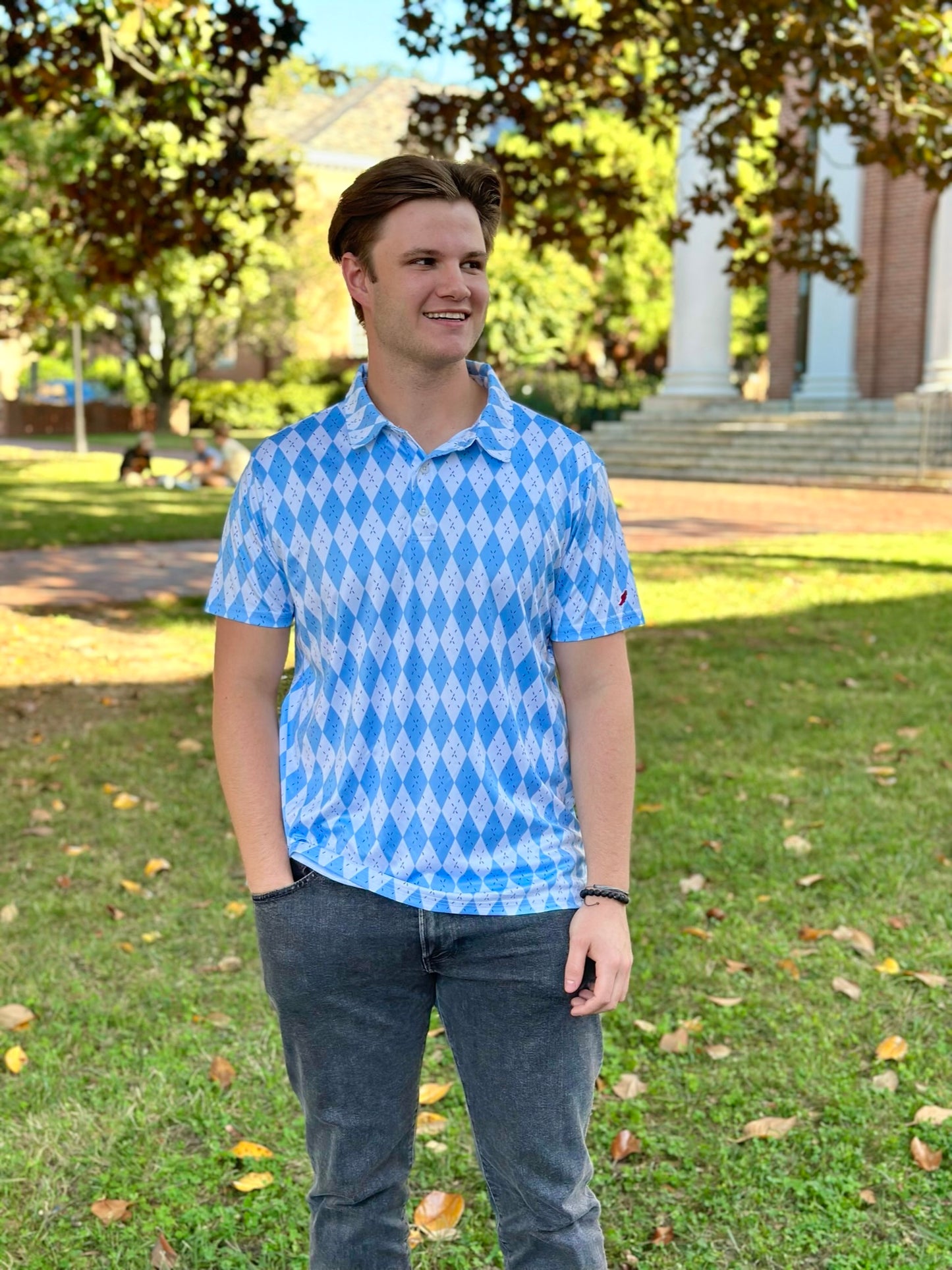 Carolina Blue and White Argyle Polo in Athletic Material