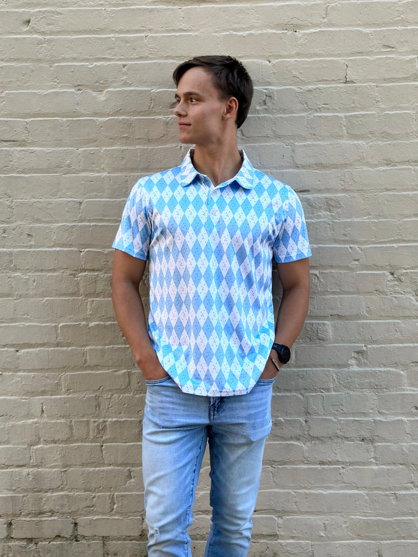 Carolina Blue and White Argyle Polo in Athletic Material