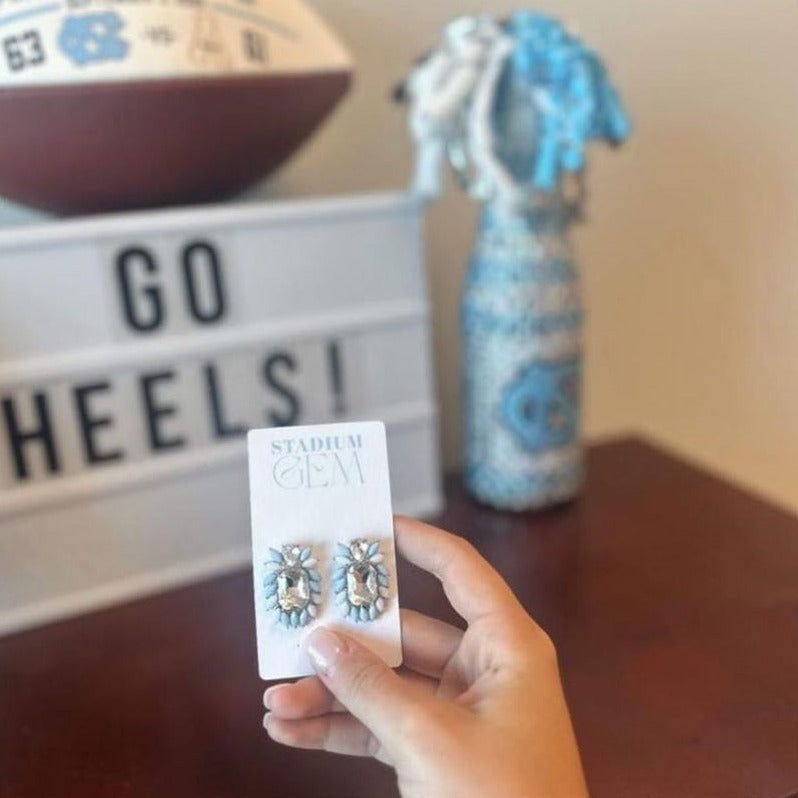 Carolina Blue and White Stadium Gem Earrings