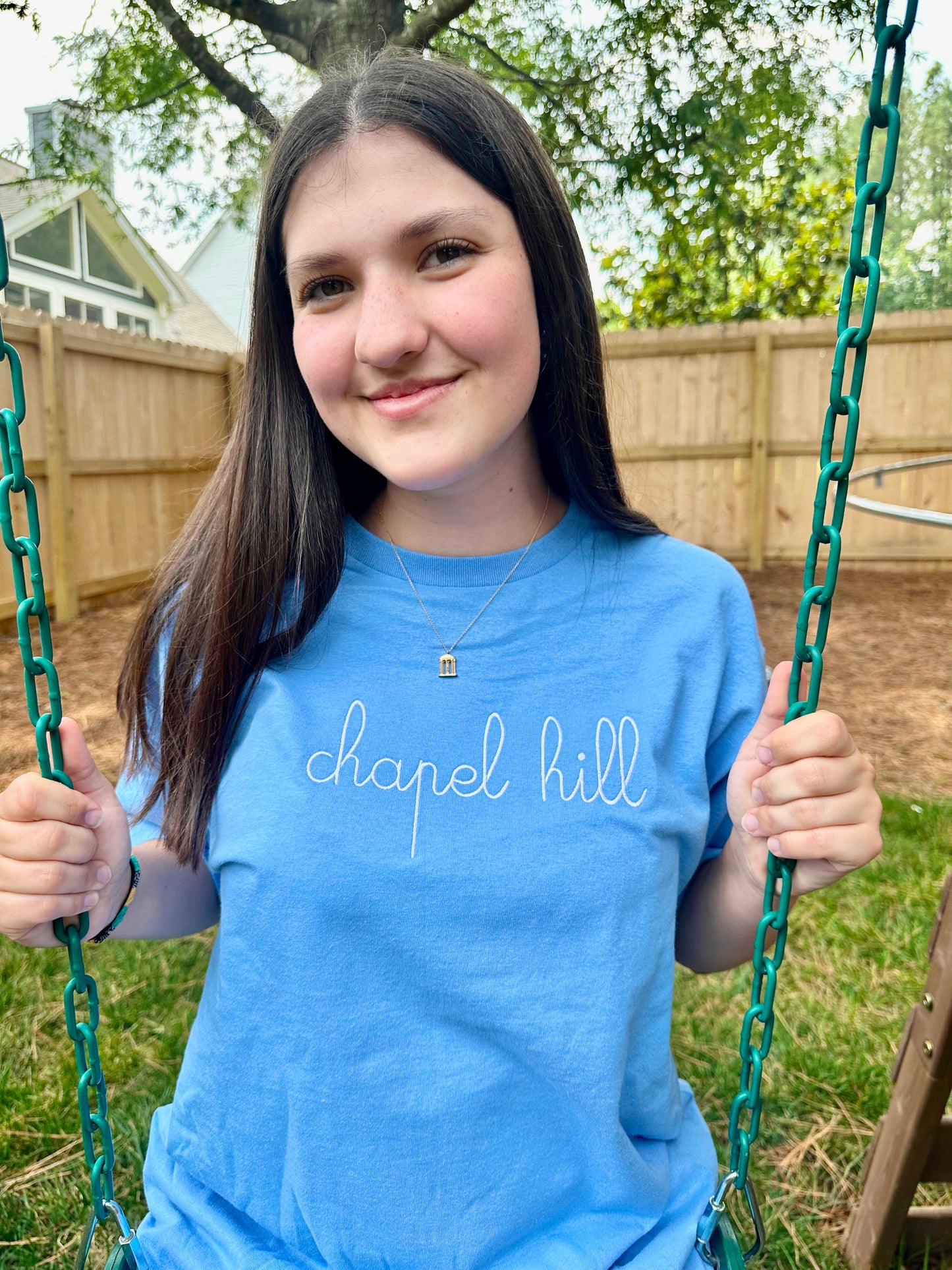 Cursive Chapel Hill Embroidered T-Shirt in Carolina Blue