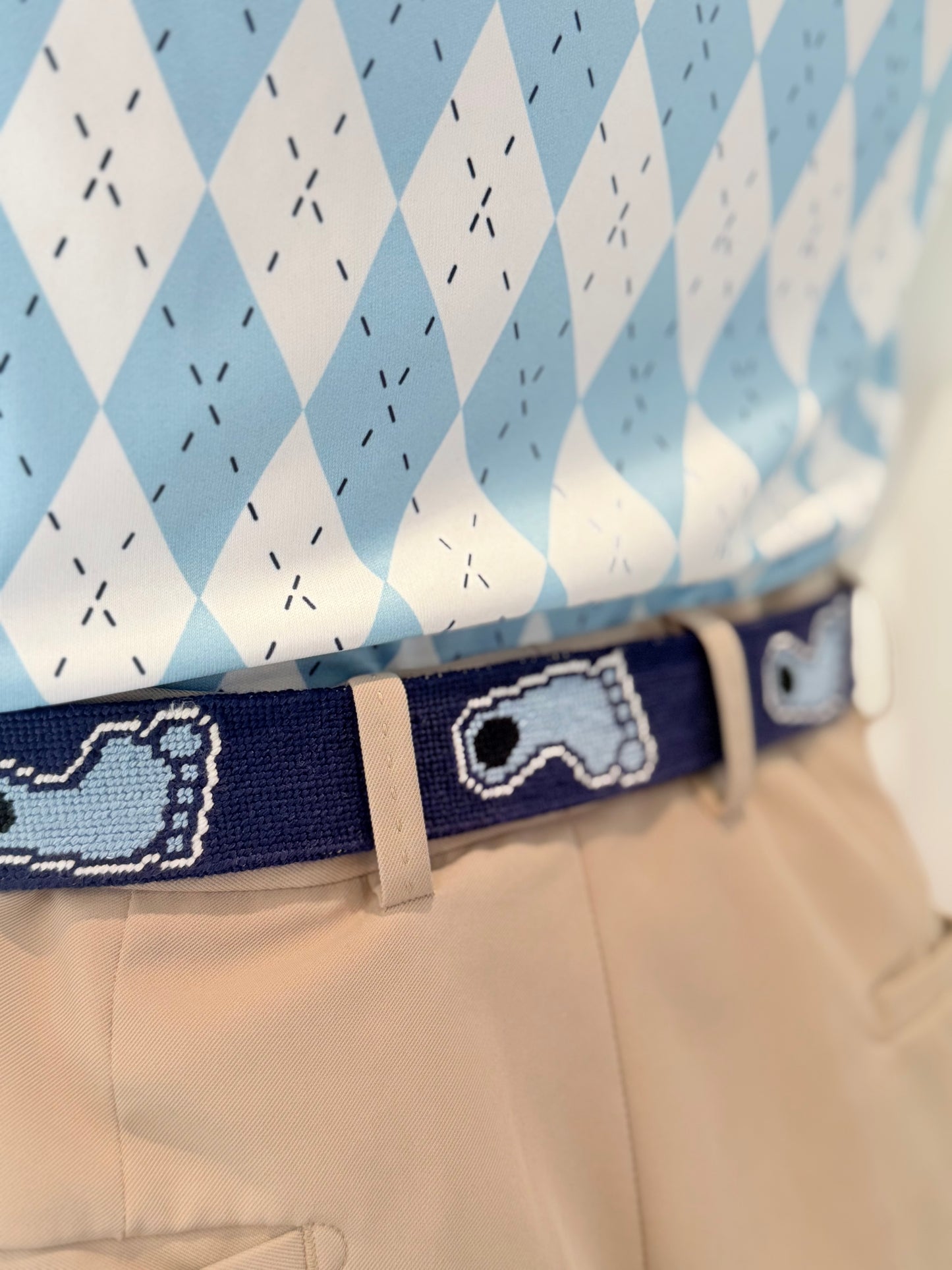 Tar Heels North Carolina Men's Belt in Navy Blue Needlepoint with Foot by Smathers and Branson