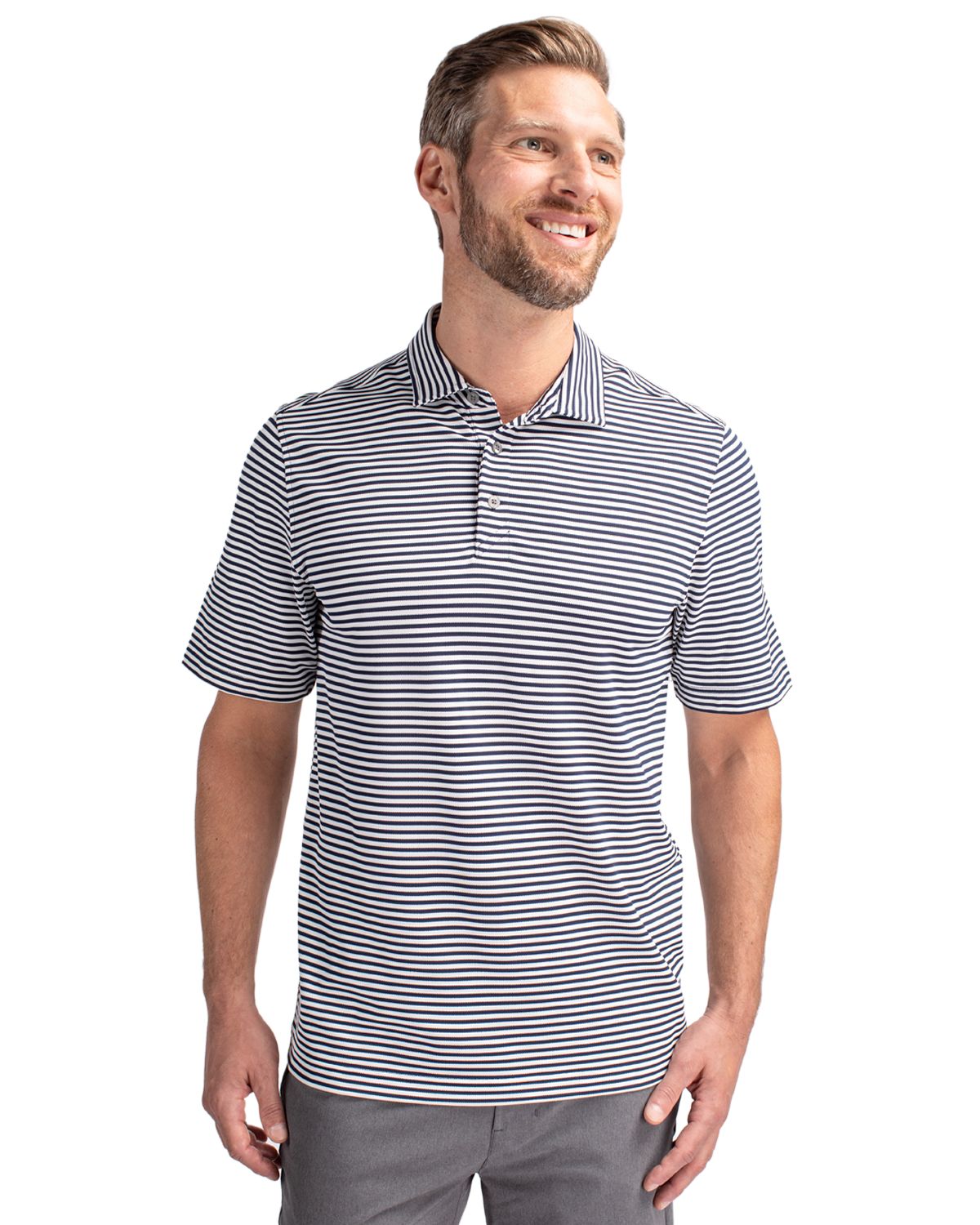 Navy Blue Striped Men's Polo Shirt Eco Recycled by Cutter and Buck