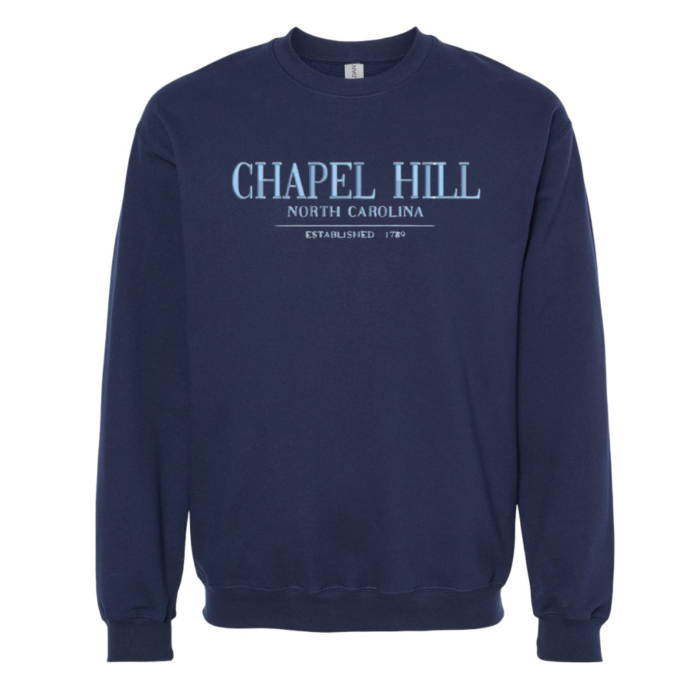Chapel Hill North Carolina Embroidered Navy Chill Crewneck Sweatshirt - Main View - Shrunken Head