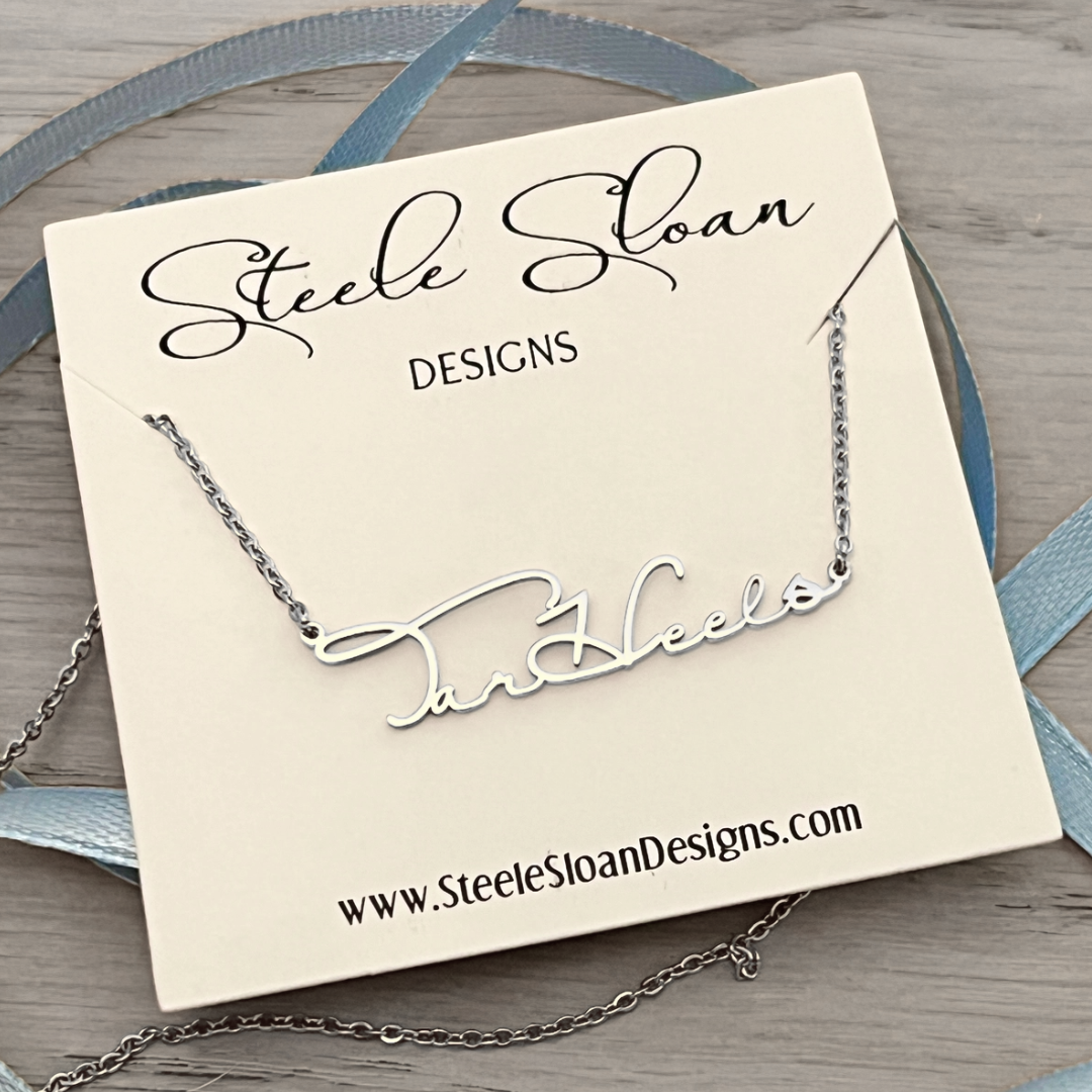 Tar Heels Silver Cursive Necklace by Steele Sloan Designs