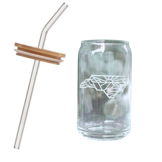 North Carolina Can Glass with Bamboo Lid and Glass Straw