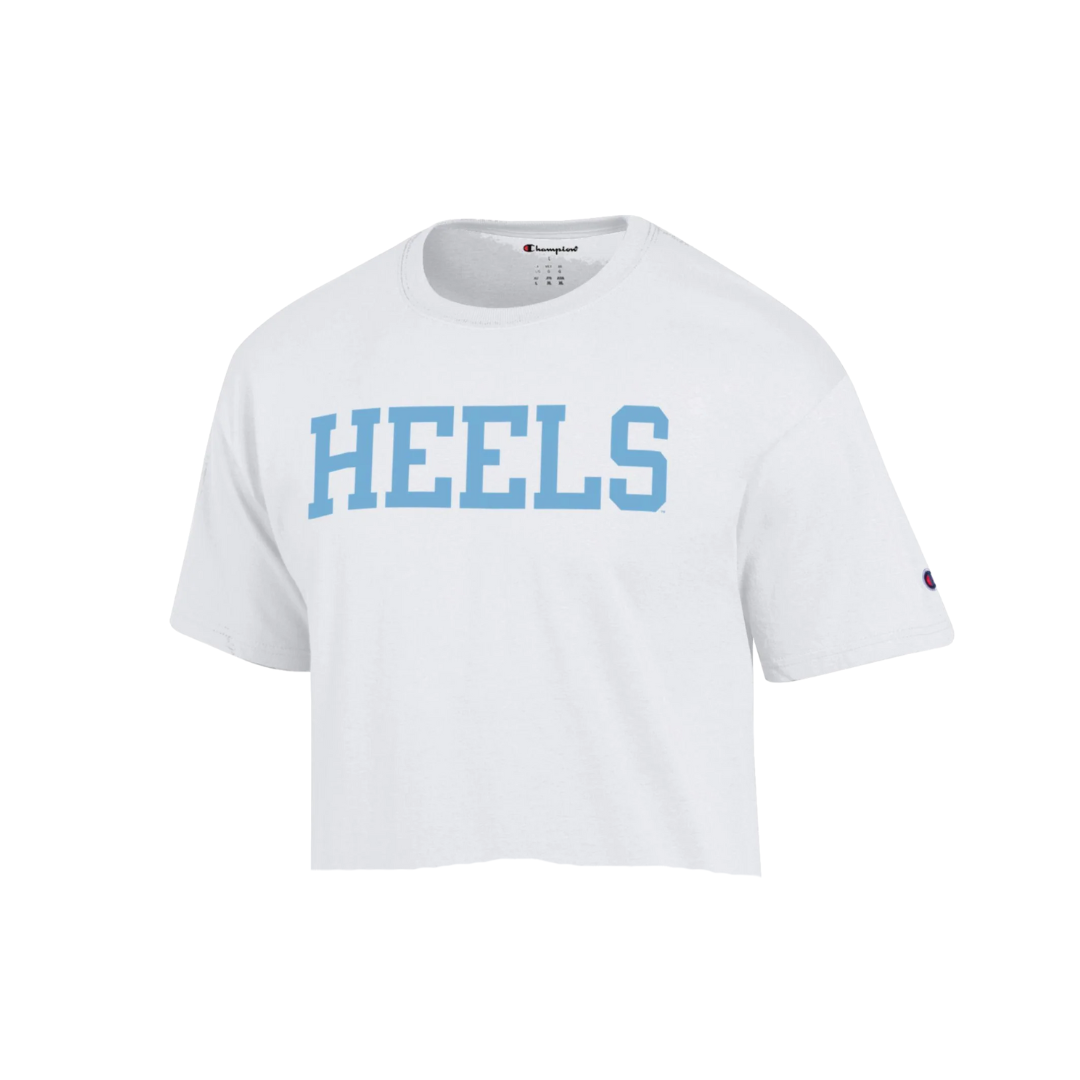 Heels Logo Champion Crop Top in White and Light Blue