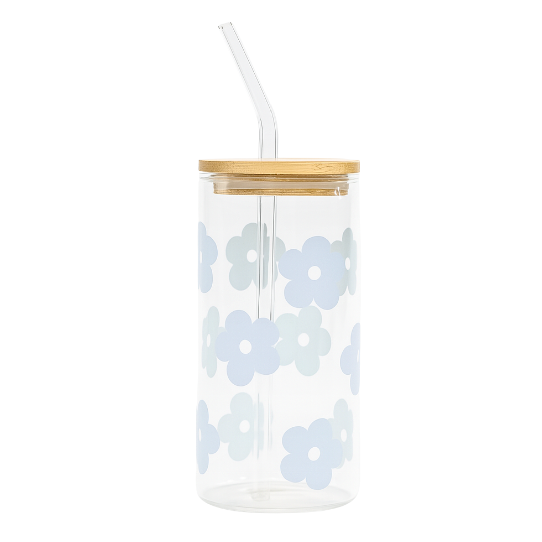 Blue Flower Beer Latte Glass with Lid & Straw