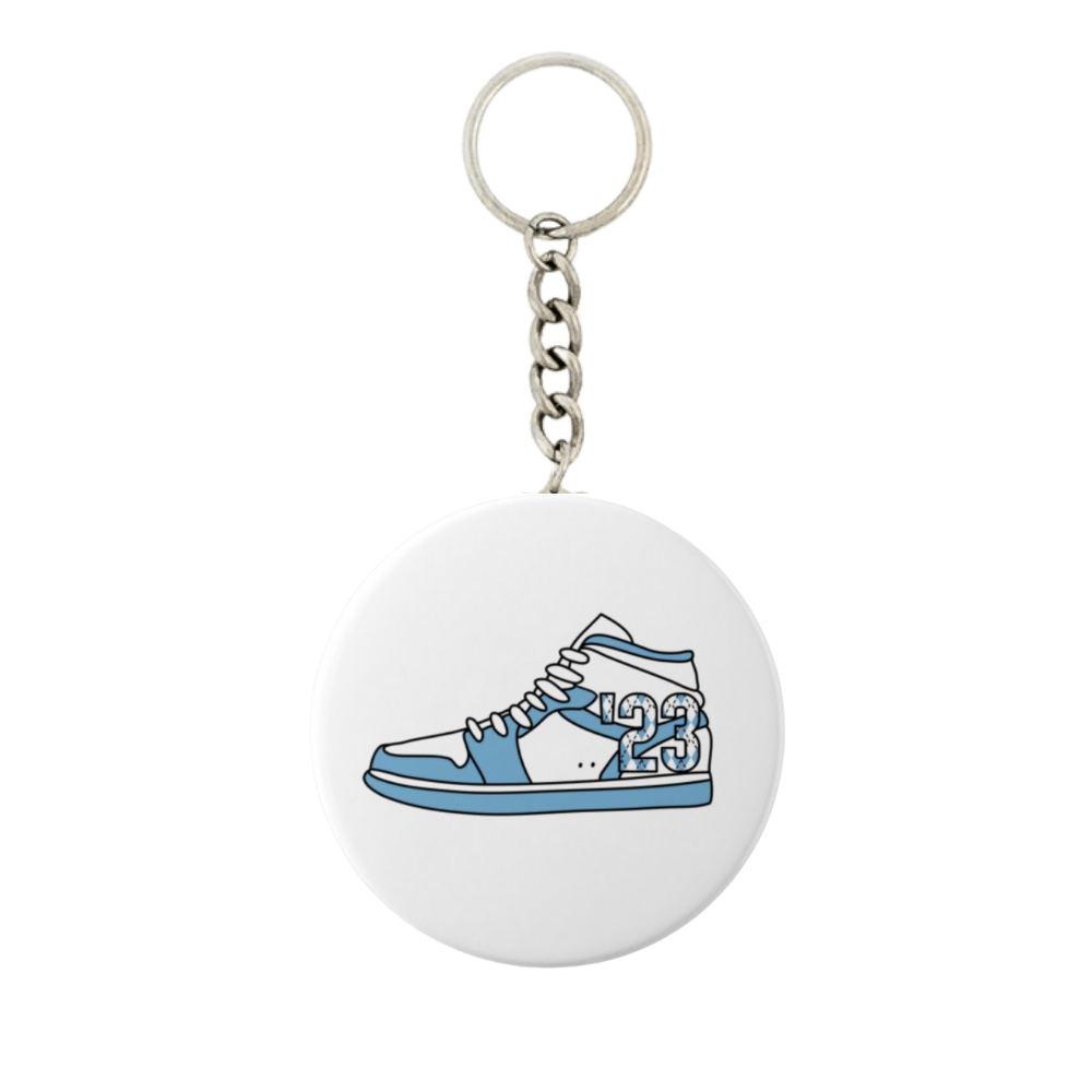23 Sneaker in Carolina Blue and White Button Keychain 2.25"