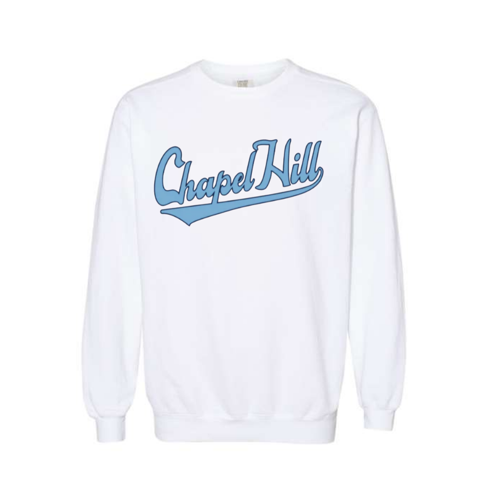 Chapel Hill White Adult Crewneck Sweatshirt in Baseball Script Font